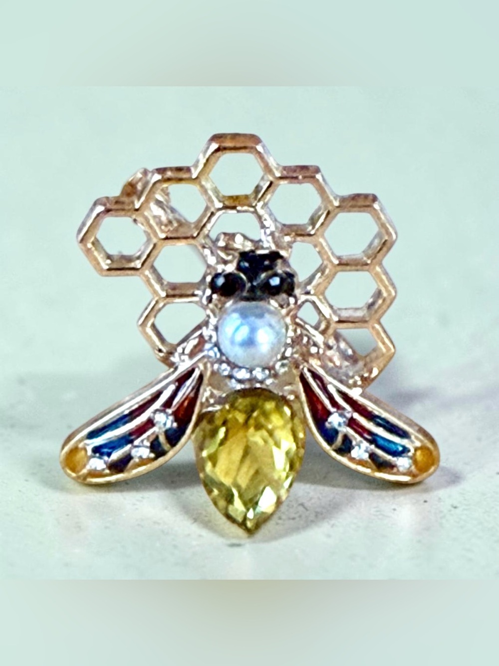 Gold-Tone Bee Brooch with Yellow Gem and Multicolor Enamel Wings